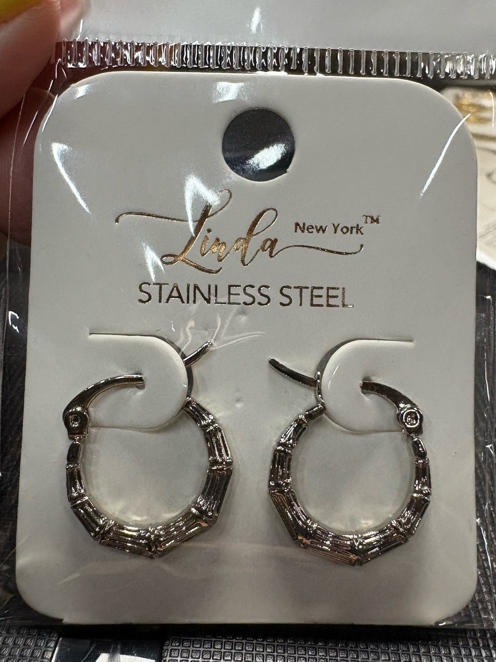 Linda New York Stainless Steel Bamboo Hoop Earrings NWT Silver Textured Hoops